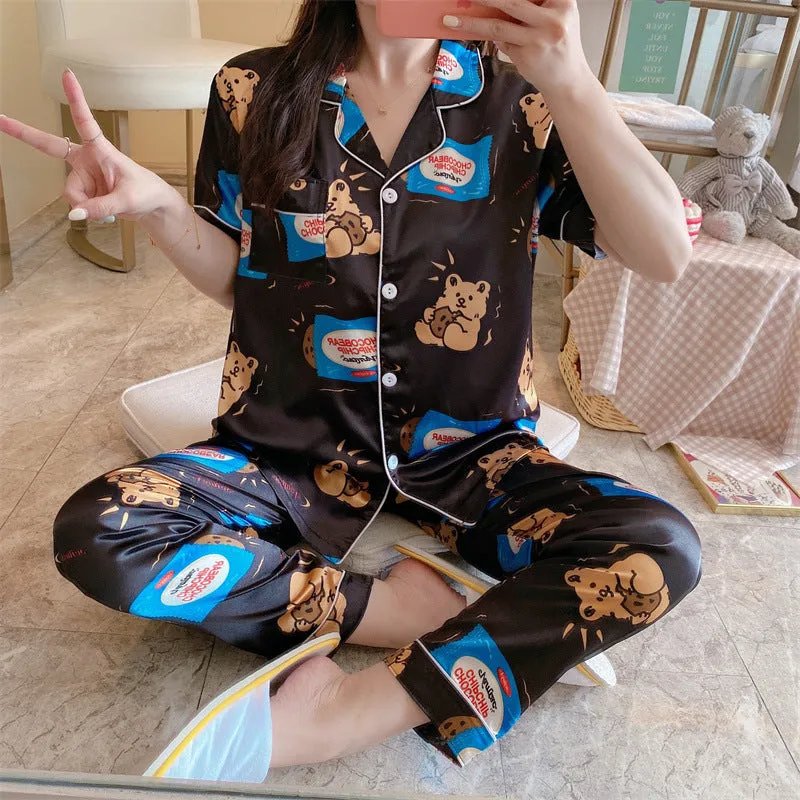 Summer Short Sleeve Silk Pajamas Women Thin Trendy Outdoor Two-Piece Loungewear Sleepwear