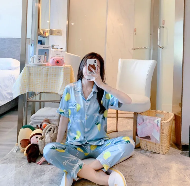 Summer Short Sleeve Silk Pajamas Women Thin Trendy Outdoor Two-Piece Loungewear Sleepwear
