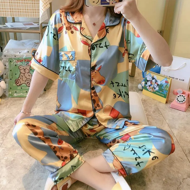 Summer Short Sleeve Silk Pajamas Women Thin Trendy Outdoor Two-Piece Loungewear Sleepwear