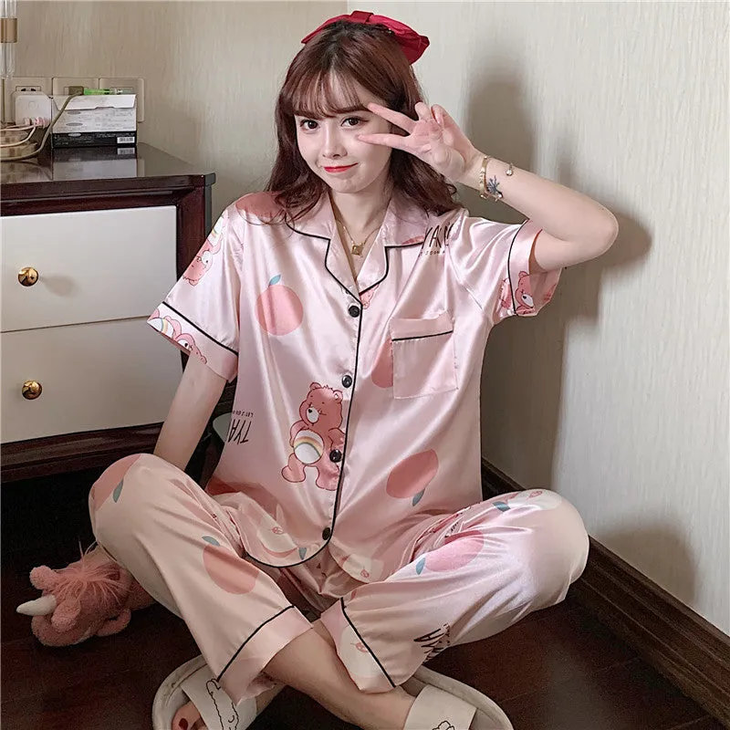 Summer Short Sleeve Silk Pajamas Women Thin Trendy Outdoor Two-Piece Loungewear Sleepwear