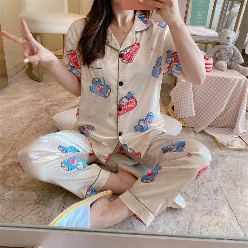 Summer Short Sleeve Silk Pajamas Women Thin Trendy Outdoor Two-Piece Loungewear Sleepwear