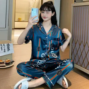 Summer Short Sleeve Silk Pajamas Women Thin Trendy Outdoor Two-Piece Loungewear Sleepwear