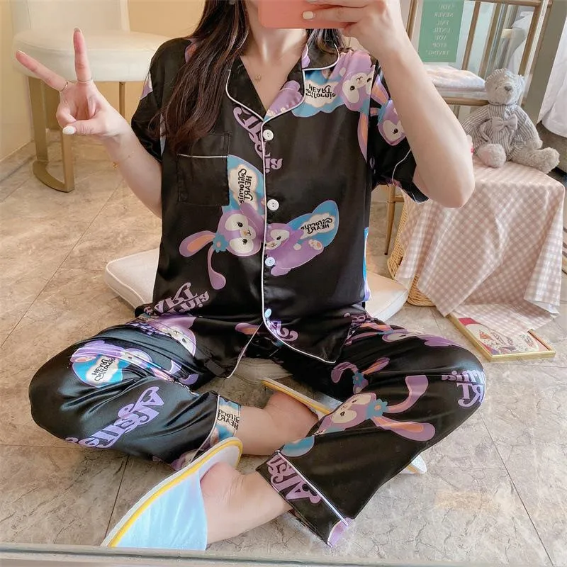 Summer Short Sleeve Silk Pajamas Women Thin Trendy Outdoor Two-Piece Loungewear Sleepwear