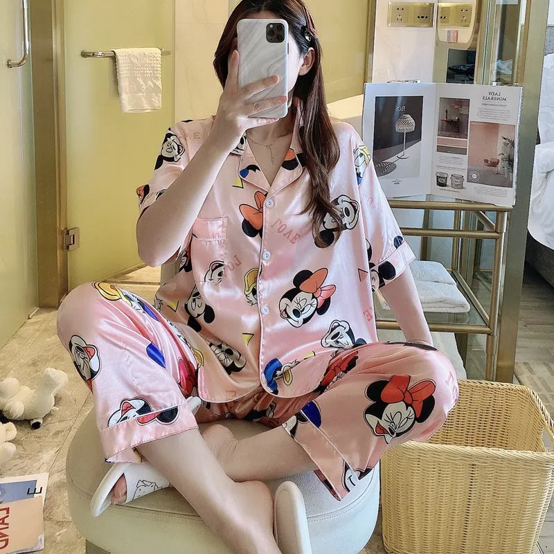 Summer Short Sleeve Silk Pajamas Women Thin Trendy Outdoor Two-Piece Loungewear Sleepwear