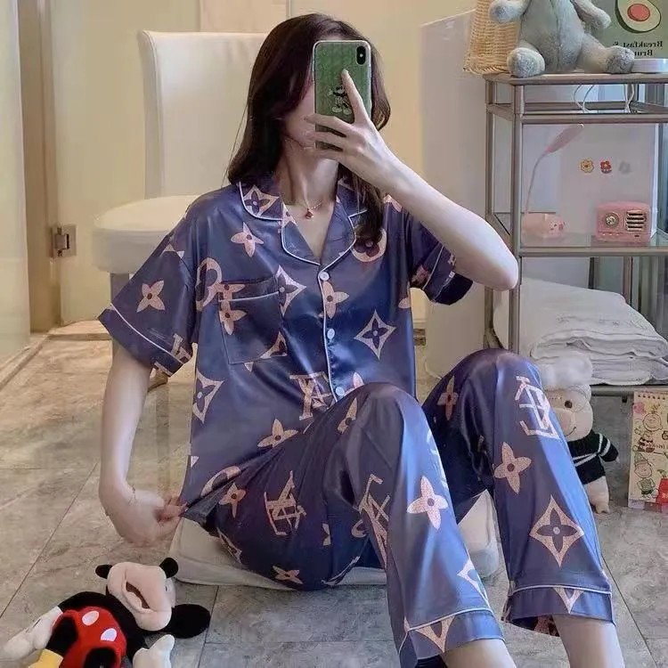 Summer Short Sleeve Silk Pajamas Women Thin Trendy Outdoor Two-Piece Loungewear Sleepwear