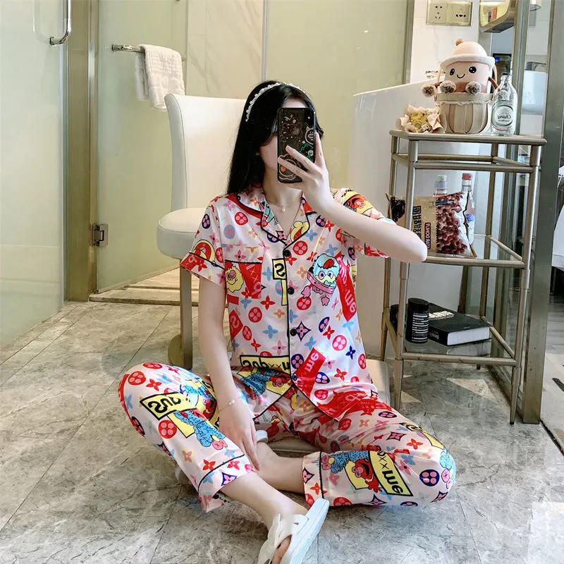 Summer Short Sleeve Silk Pajamas Women Thin Trendy Outdoor Two-Piece Loungewear Sleepwear