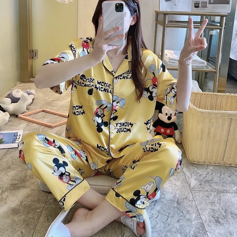 Summer Short Sleeve Silk Pajamas Women Thin Trendy Outdoor Two-Piece Loungewear Sleepwear
