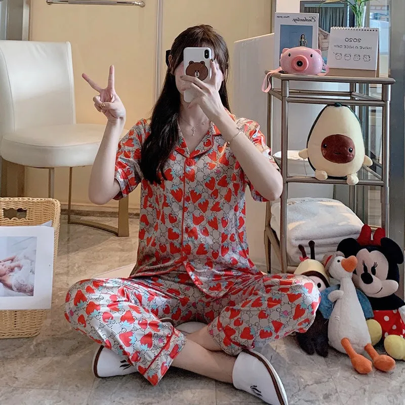 Summer Short Sleeve Silk Pajamas Women Thin Trendy Outdoor Two-Piece Loungewear Sleepwear