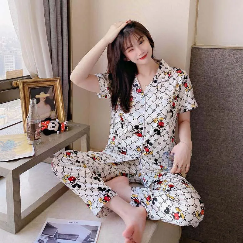 Summer Short Sleeve Silk Pajamas Women Thin Trendy Outdoor Two-Piece Loungewear Sleepwear