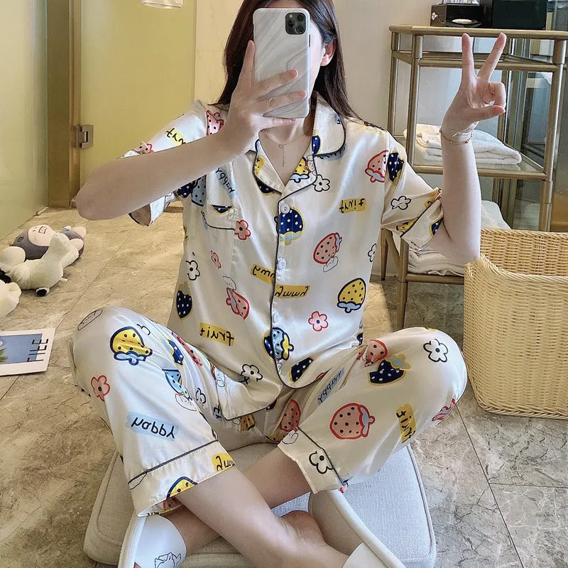 Summer Short Sleeve Silk Pajamas Women Thin Trendy Outdoor Two-Piece Loungewear Sleepwear