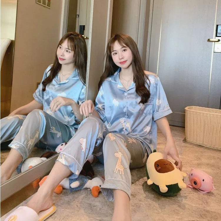 Summer Short Sleeve Silk Pajamas Women Thin Trendy Outdoor Two-Piece Loungewear Sleepwear