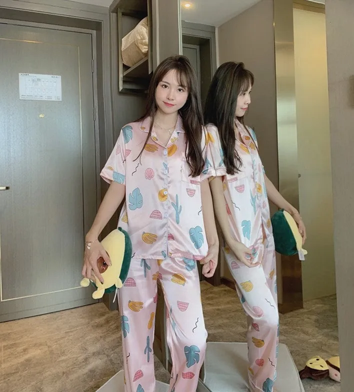 Summer Short Sleeve Silk Pajamas Women Thin Trendy Outdoor Two-Piece Loungewear Sleepwear