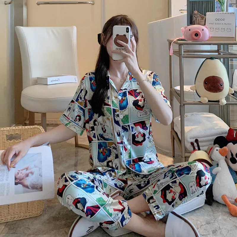 Summer Short Sleeve Silk Pajamas Women Thin Trendy Outdoor Two-Piece Loungewear Sleepwear