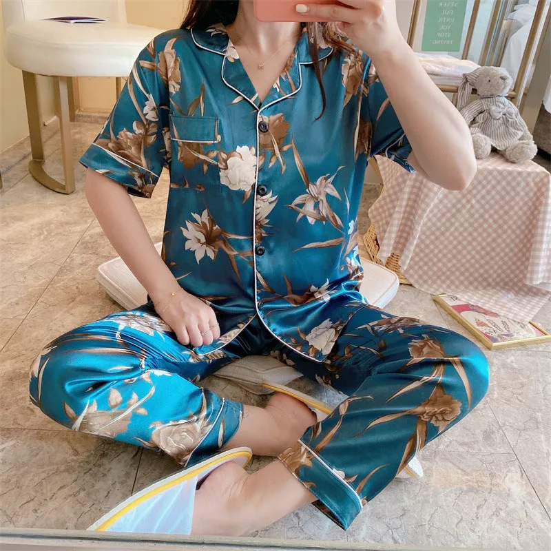 Summer Short Sleeve Silk Pajamas Women Thin Trendy Outdoor Two-Piece Loungewear Sleepwear