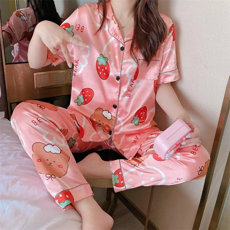 Summer Short Sleeve Silk Pajamas Women Thin Trendy Outdoor Two-Piece Loungewear Sleepwear