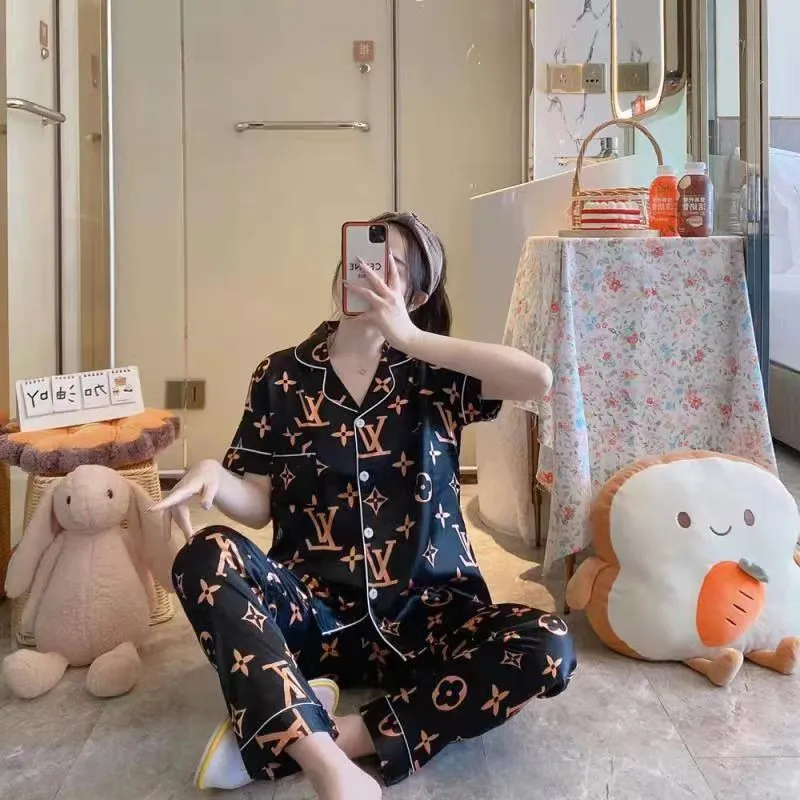 Summer Short Sleeve Silk Pajamas Women Thin Trendy Outdoor Two-Piece Loungewear Sleepwear