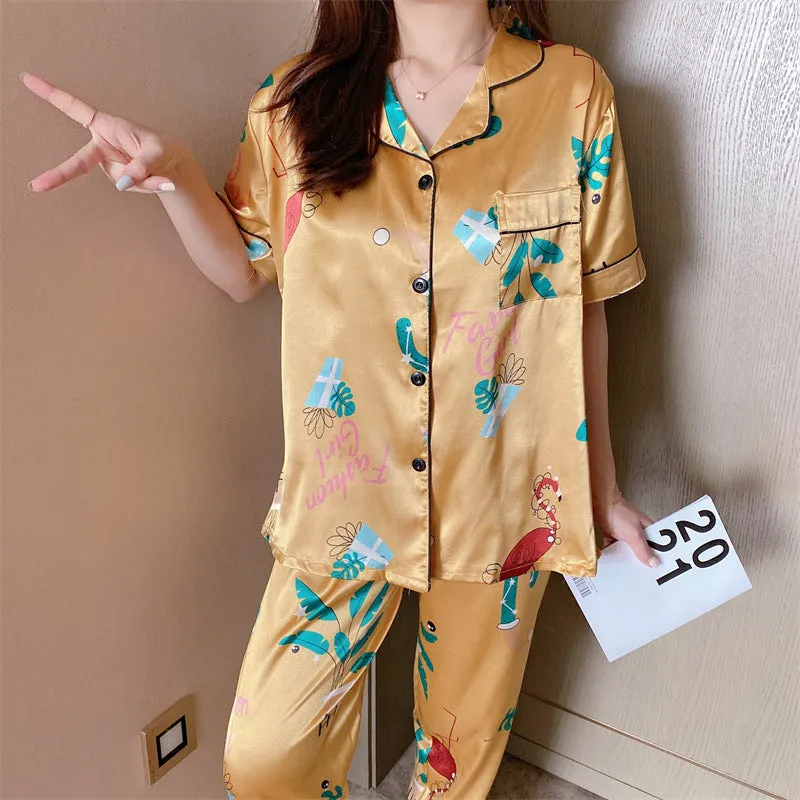 Summer Short Sleeve Silk Pajamas Women Thin Trendy Outdoor Two-Piece Loungewear Sleepwear