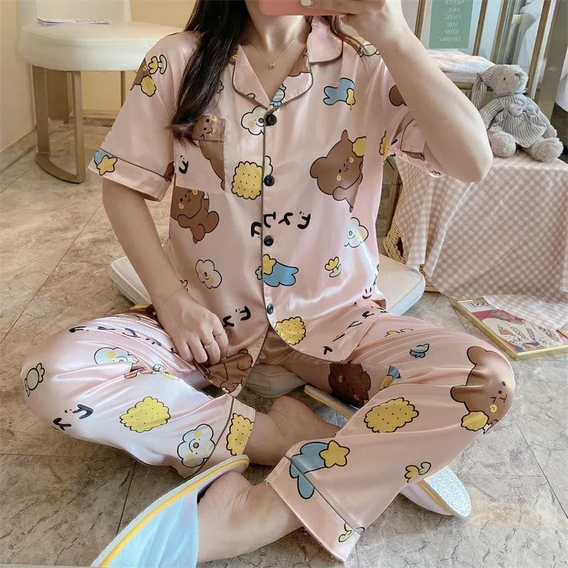 Summer Short Sleeve Silk Pajamas Women Thin Trendy Outdoor Two-Piece Loungewear Sleepwear