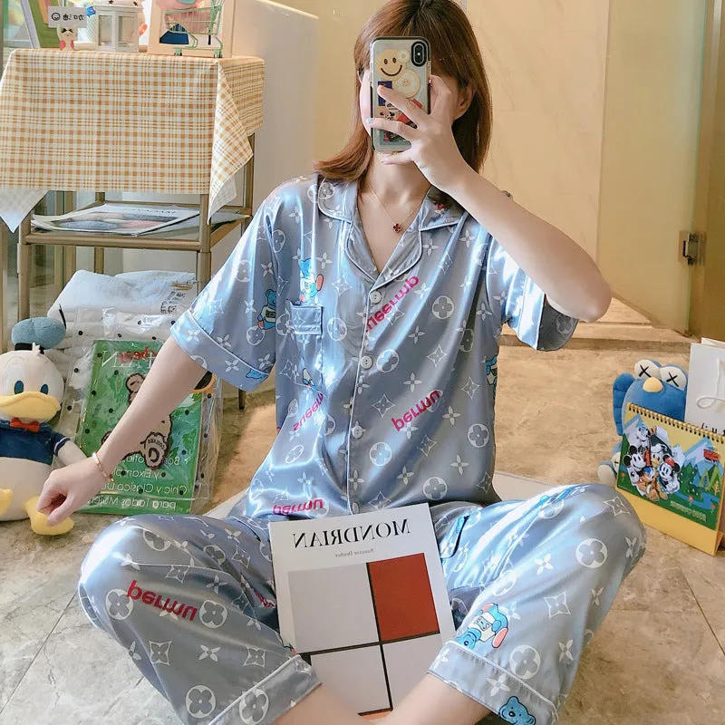 Summer Short Sleeve Silk Pajamas Women Thin Trendy Outdoor Two-Piece Loungewear Sleepwear