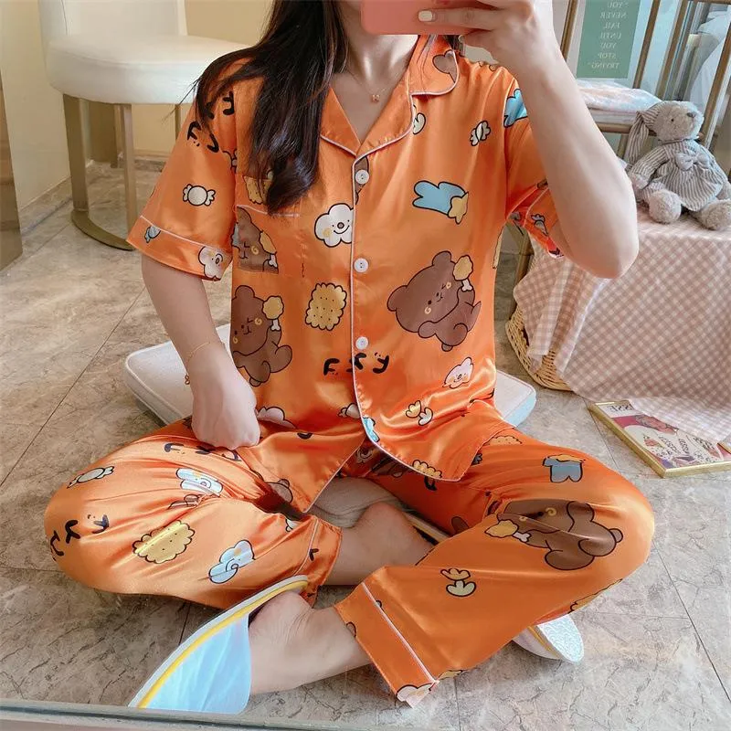 Summer Short Sleeve Silk Pajamas Women Thin Trendy Outdoor Two-Piece Loungewear Sleepwear