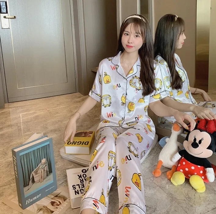 Summer Short Sleeve Silk Pajamas Women Thin Trendy Outdoor Two-Piece Loungewear Sleepwear