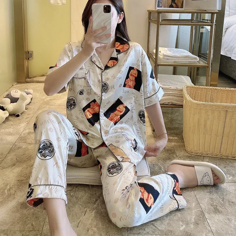 Summer Short Sleeve Silk Pajamas Women Thin Trendy Outdoor Two-Piece Loungewear Sleepwear
