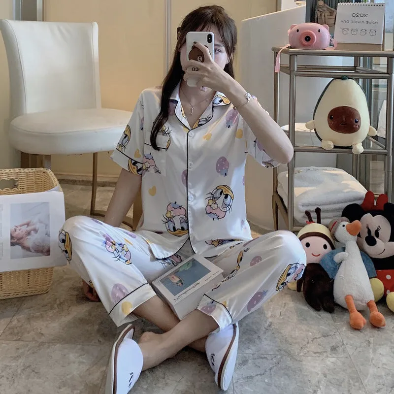 Summer Short Sleeve Silk Pajamas Women Thin Trendy Outdoor Two-Piece Loungewear Sleepwear