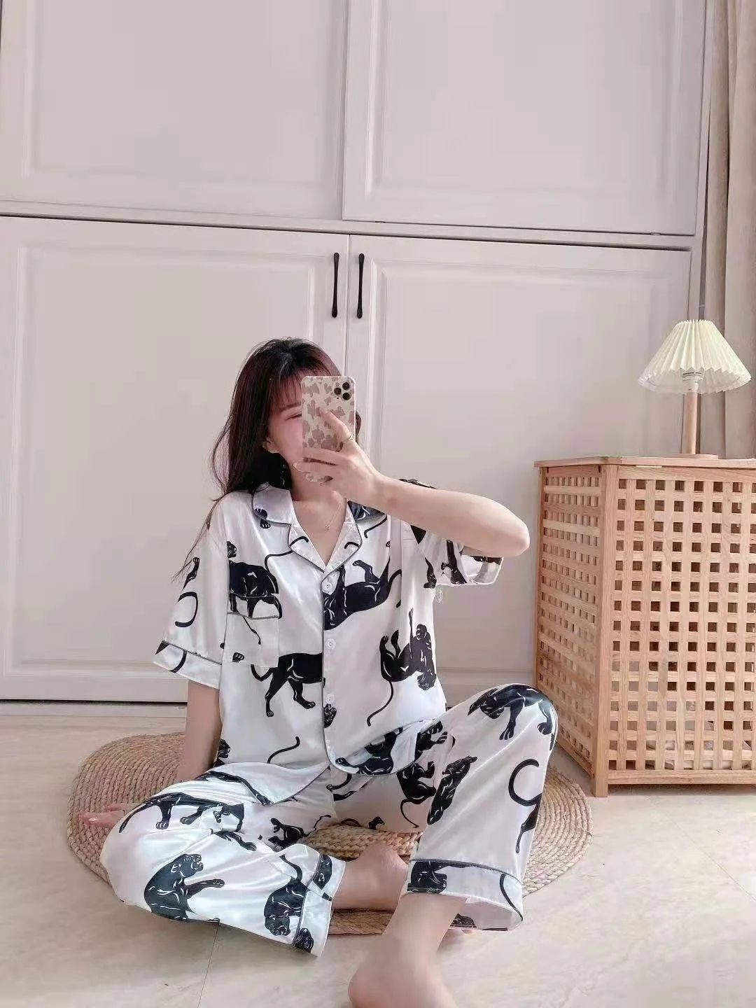 Summer Short Sleeve Silk Pajamas Women Thin Trendy Outdoor Two-Piece Loungewear Sleepwear