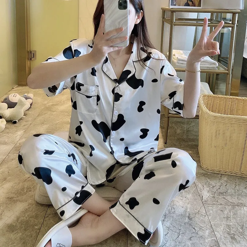Summer Short Sleeve Silk Pajamas Women Thin Trendy Outdoor Two-Piece Loungewear Sleepwear