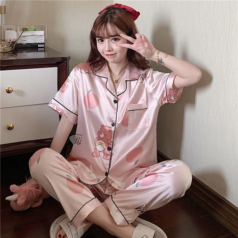 Summer Short Sleeve Silk Pajamas Women Thin Trendy Outdoor Two-Piece Loungewear Sleepwear