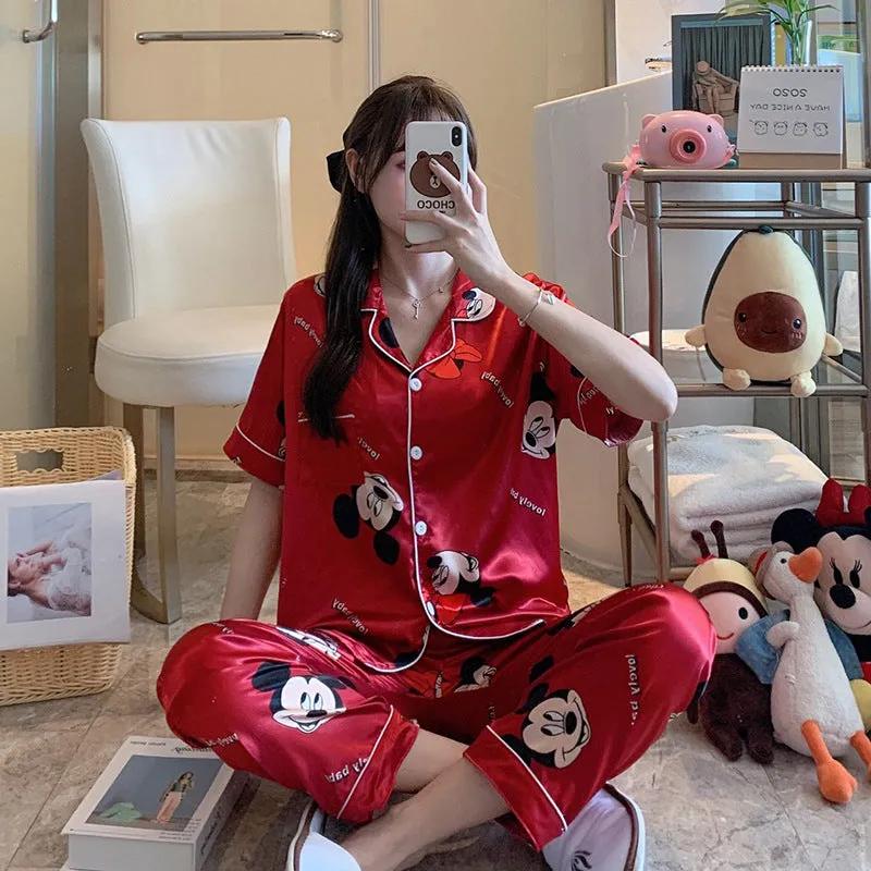 Summer Short Sleeve Silk Pajamas Women Thin Trendy Outdoor Two-Piece Loungewear Sleepwear