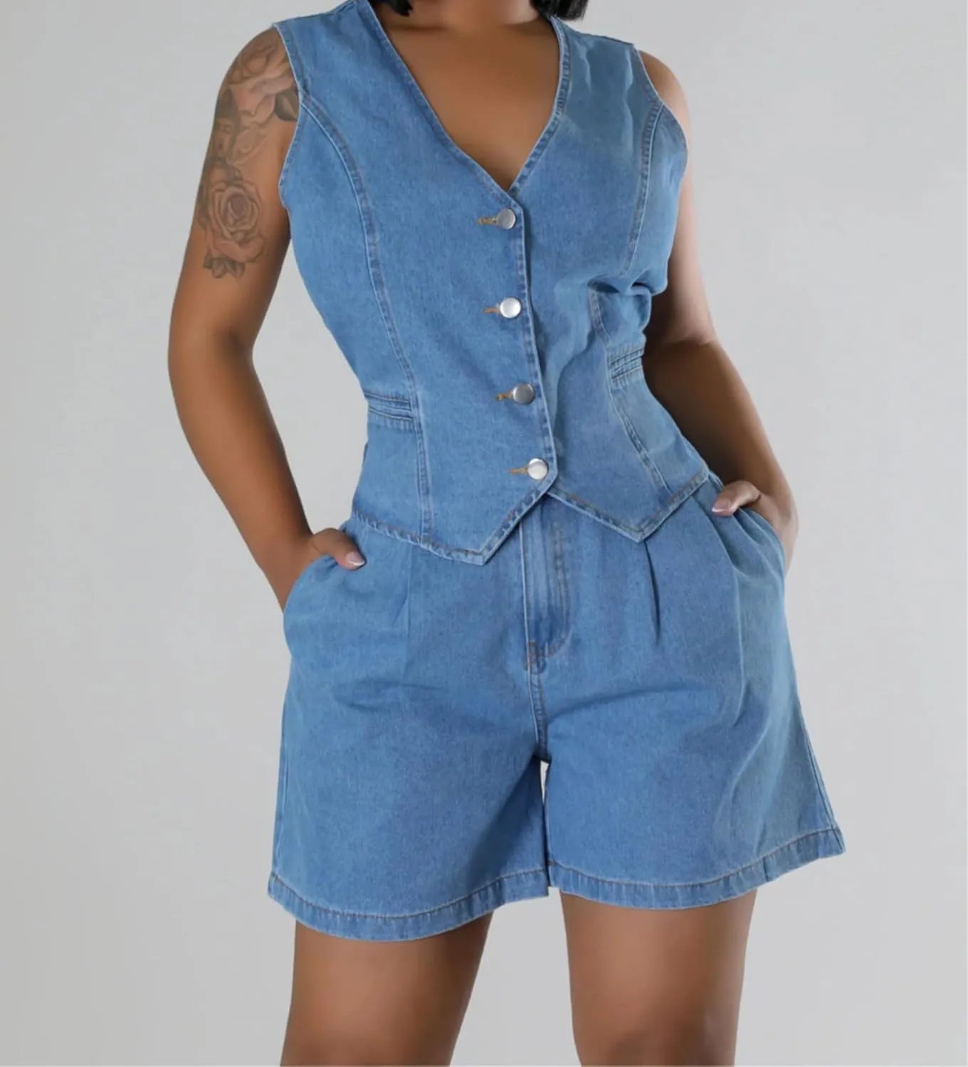 Summer Women's Denim Casual Short-Sleeved Suit Two-Piece Loose top and Shorts Suit