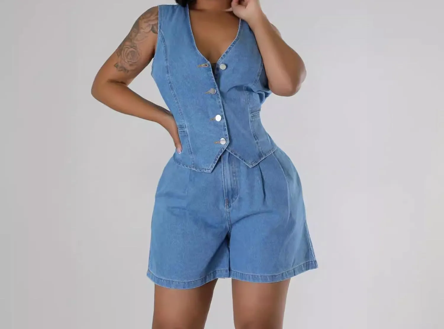 Summer Women's Denim Casual Short-Sleeved Suit Two-Piece Loose top and Shorts Suit