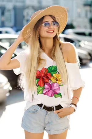 Sunne Tropical Women Top Tee White Loose Fit T-Shirt - Super Soft Light Weight Polyester Spandex - Hawaiian Hibiscus Chaba