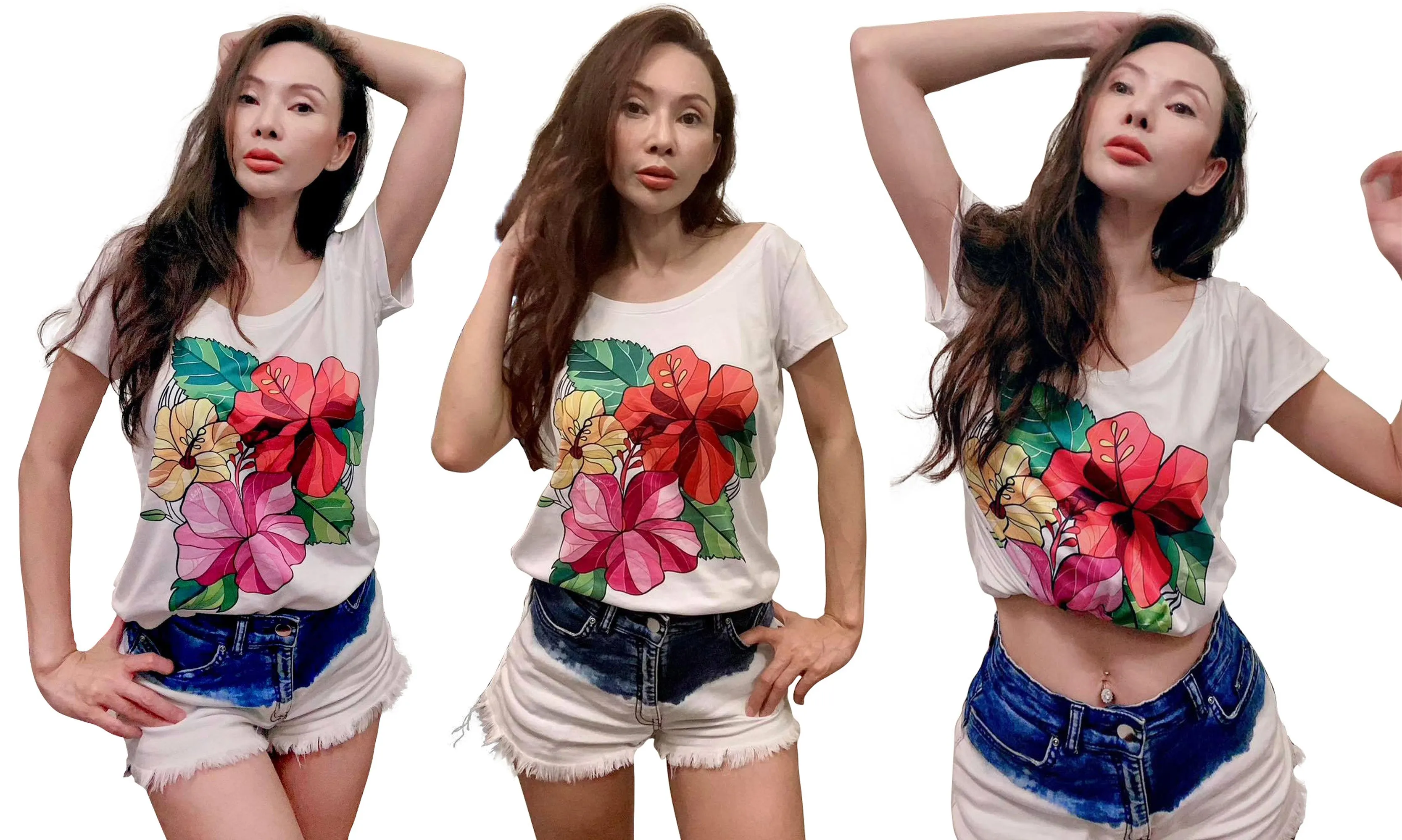 Sunne Tropical Women Top Tee White Loose Fit T-Shirt - Super Soft Light Weight Polyester Spandex - Hawaiian Hibiscus Chaba