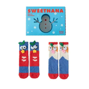 Sweetnana 2-Pack Novel Christmas Gift Box with Tube Crew Christmas Holiday Socks for Women, Winter Soft Slipper Socks Funny Christmas Pattern Cozy Warm Socks.