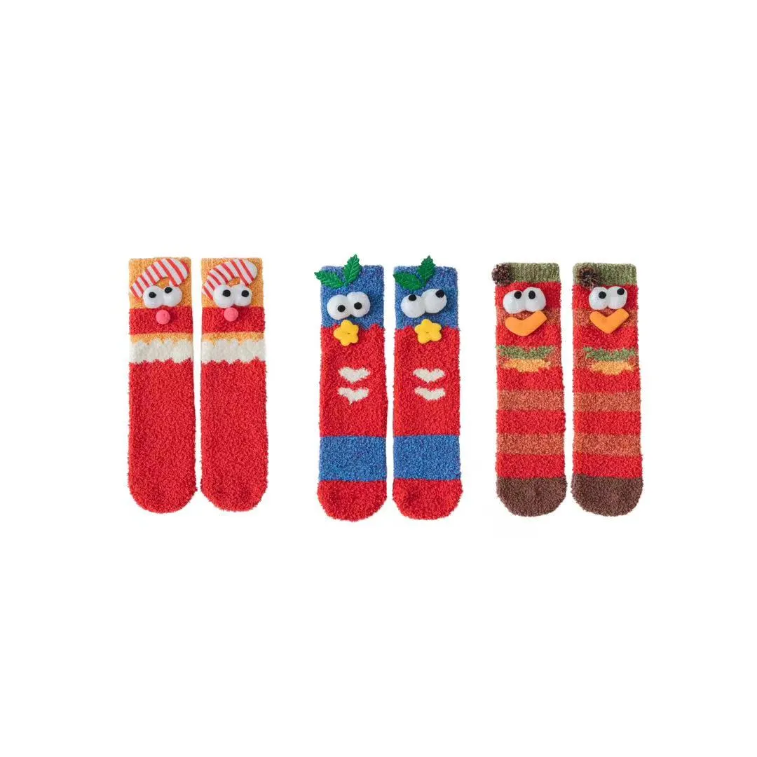 Sweetnana 3-Pack Christmas Tube Crew Socks for Women, Thickened Cozy Fuzzy Socks, Super Soft Non-Slip Lounge Wear, Cute and Festive for the Holidays