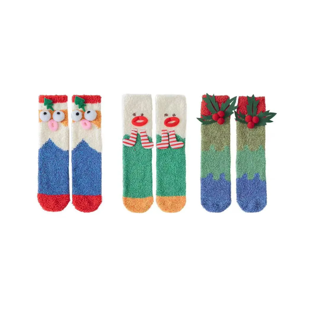 Sweetnana 3-Pack Christmas Tube Crew Socks for Women, Thickened Cozy Fuzzy Socks, Super Soft Non-Slip Lounge Wear, Cute and Festive for the Holidays