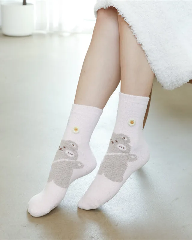 Sweetnana 3-Pack Women’s Cozy Crew Socks – Fuzzy Winter Tube Socks with Cute Cartoon Animals, Perfect for Lounge Wear and Warmth
