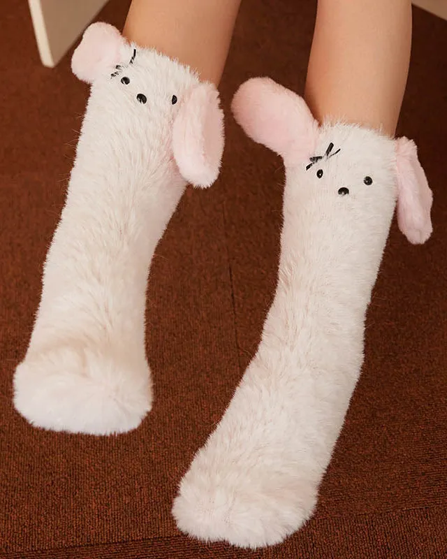 Sweetnana Cozy Women & Kids Tube Socks, Cute 3D Ears Series, Winter Soft Thickened Warm Socks, Non-Slip for Lounge Wear, Funny Animal Design Slipper Socks.