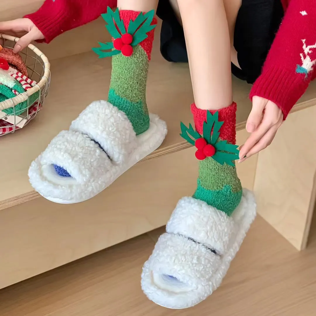 Sweetnana Women’s Cozy Christmas Tube Crew Socks, Super Soft Fuzzy Winter Stockings, Thickened Non-Slip Slipper Socks, Perfect for Holiday Comfort
