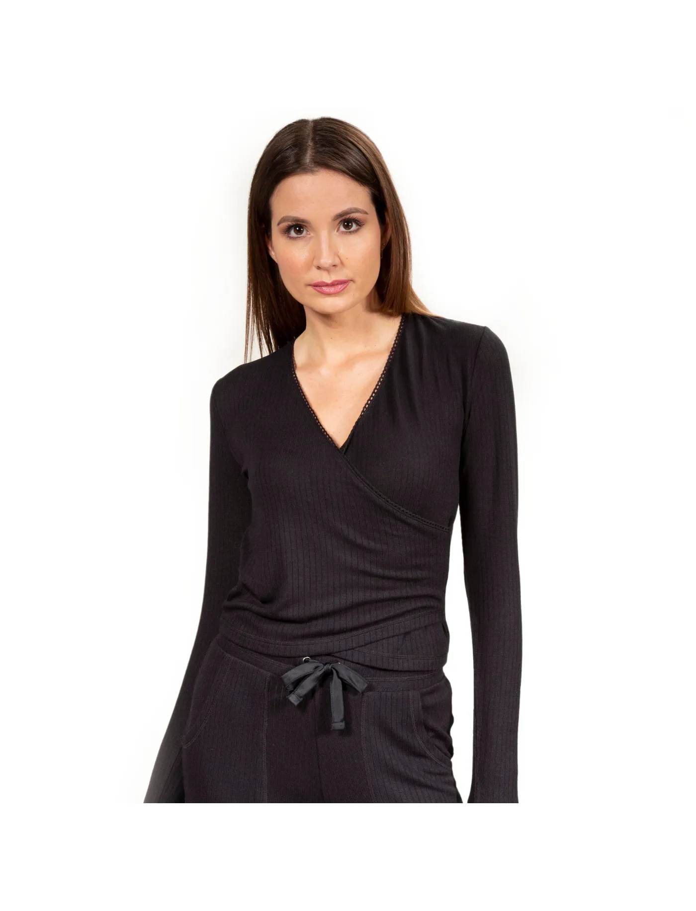 T-shirt cache-coeur Femme maille côtelée Noir