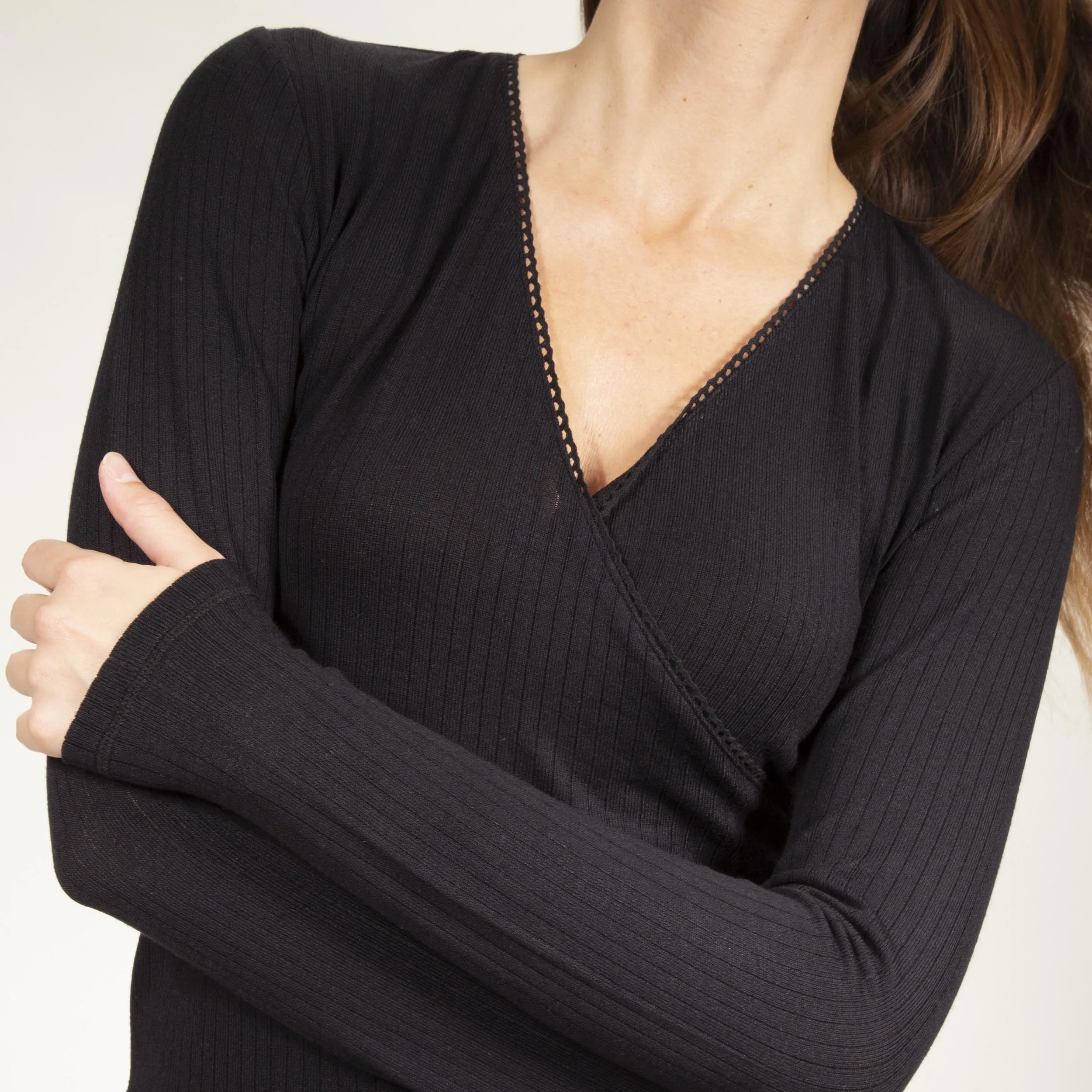 T-shirt cache-coeur Femme maille côtelée Noir