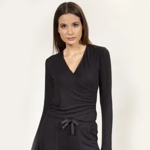 T-shirt cache-coeur Femme maille côtelée Noir