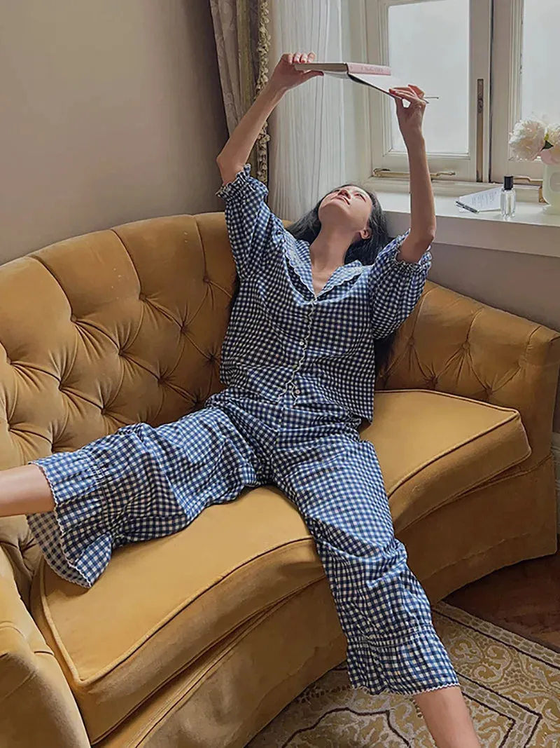 TAVIMART  -  Women Blue Plaid Sweet Girls Sleepwear Fairy Cotton Vintage Spring Autumn Long Sleeve Princess Victorian Pajamas Two Piece Set