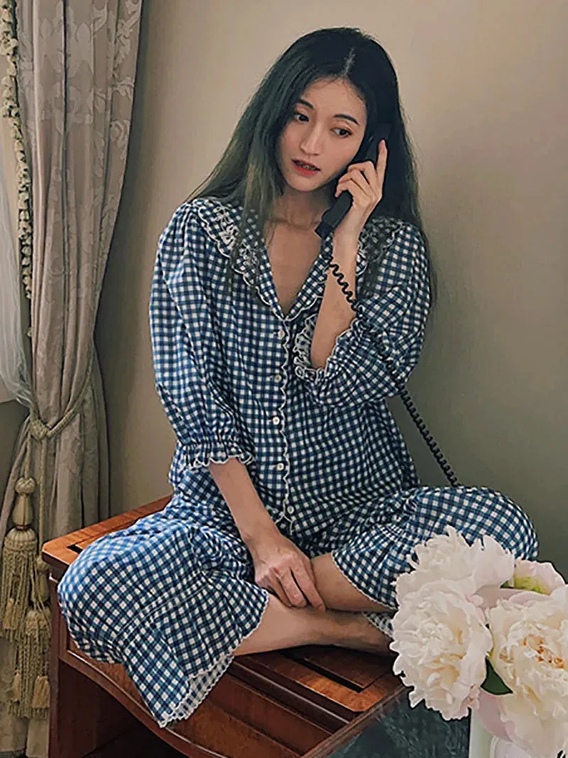 TAVIMART  -  Women Blue Plaid Sweet Girls Sleepwear Fairy Cotton Vintage Spring Autumn Long Sleeve Princess Victorian Pajamas Two Piece Set