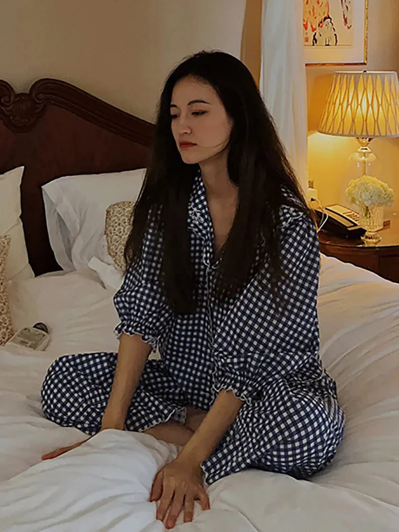 TAVIMART  -  Women Blue Plaid Sweet Girls Sleepwear Fairy Cotton Vintage Spring Autumn Long Sleeve Princess Victorian Pajamas Two Piece Set