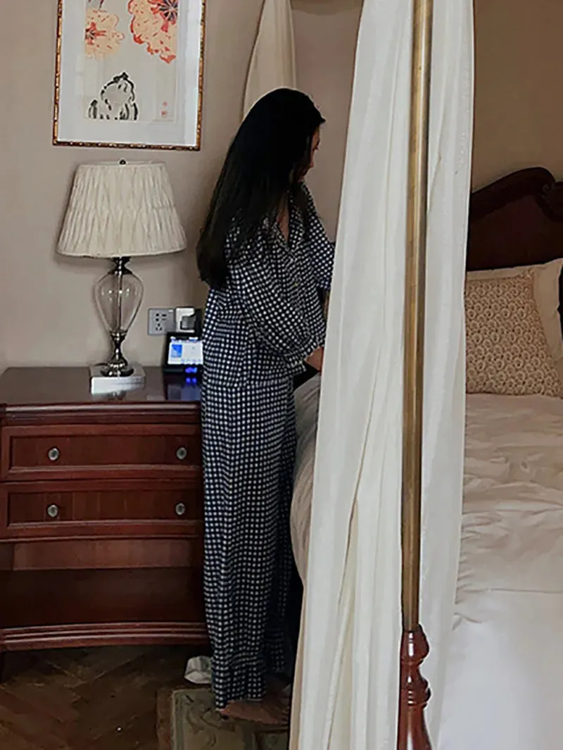 TAVIMART  -  Women Blue Plaid Sweet Girls Sleepwear Fairy Cotton Vintage Spring Autumn Long Sleeve Princess Victorian Pajamas Two Piece Set