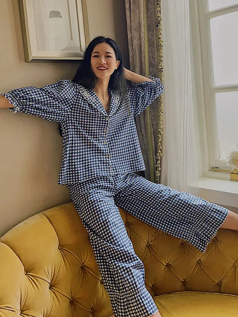 TAVIMART  -  Women Blue Plaid Sweet Girls Sleepwear Fairy Cotton Vintage Spring Autumn Long Sleeve Princess Victorian Pajamas Two Piece Set