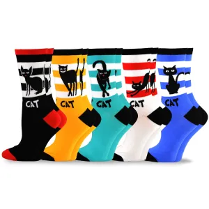 TeeHee Socks Women's Novelty Cotton Crew Cat Stripe 5-Pack (11989)